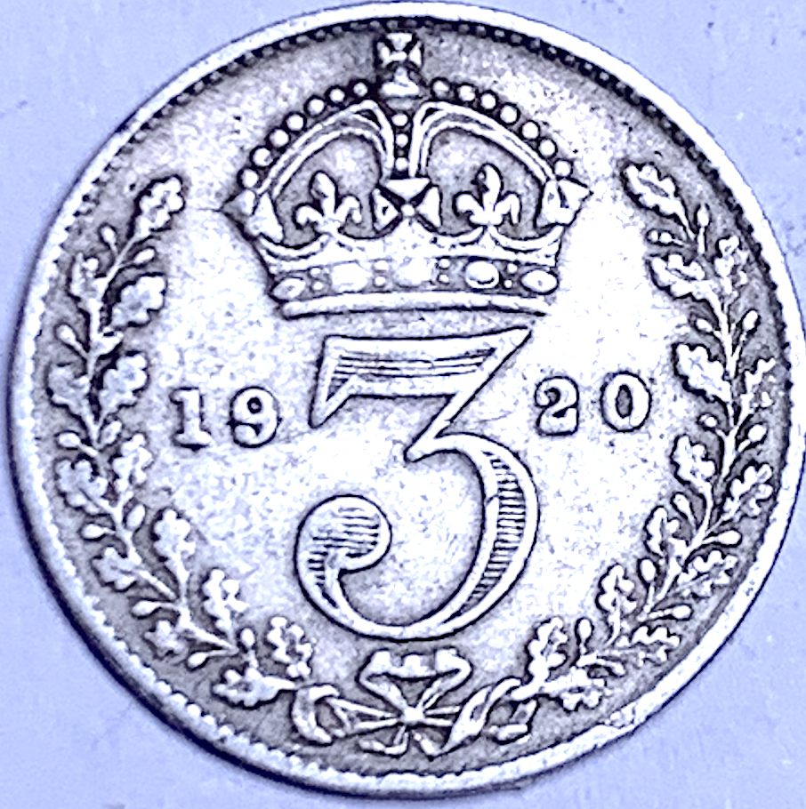 Royaume-Uni 1920 3 pence – George V – Argent 0,500 – KM# 813a – Première pièce en argent réduit