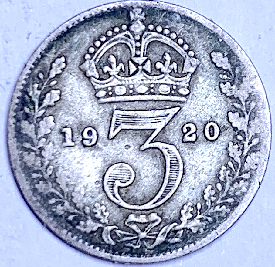 Royaume-Uni 1920 3 pence – George V – Argent 0,500 – KM# 813a – Première pièce en argent réduit