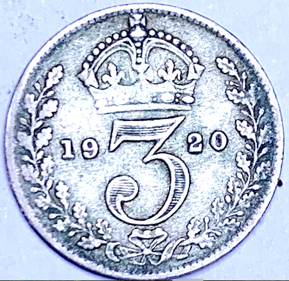 Royaume-Uni 1920 3 pence – George V – Argent 0,500 – KM# 813a – Première pièce en argent réduit