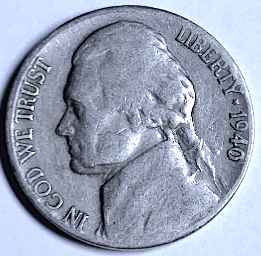 Moneda de níquel Jefferson de 5 centavos, EE. UU., 1940 – Casa de la Moneda de San Francisco – Baja tirada: 39,69 millones