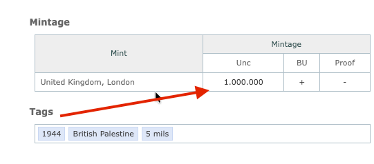 British Palestine 1944 5 Mils Bronze KM#3a Low Mintage 1,000,000