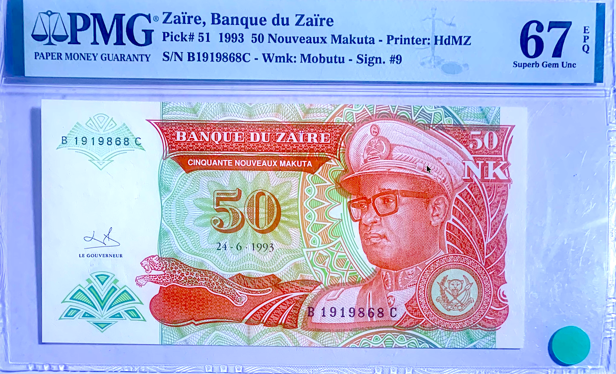 Zaire 1993 50 Nouveaux Makuta P-51 PMG 67 EPQ Mobutu Note