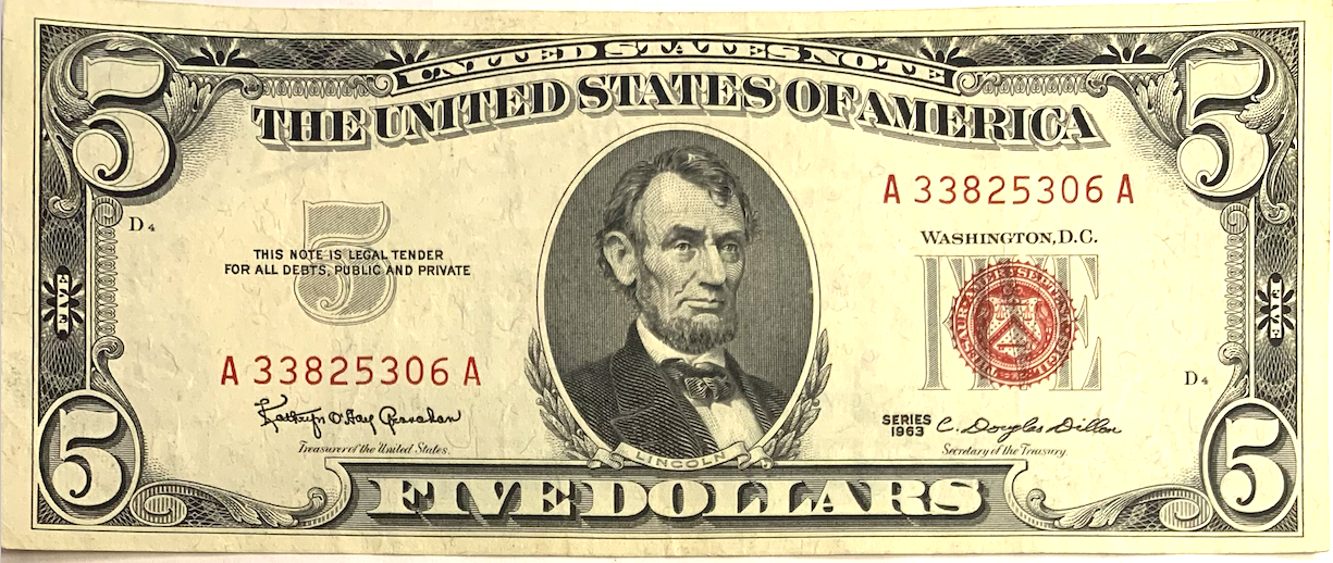 Mint Condition 1963 Red Seal $5 United States Note with Motto - A Collector's Dream!