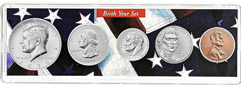 Moneda de 2020-5, año de nacimiento, en soporte de colección con bandera estadounidense, sin circular.