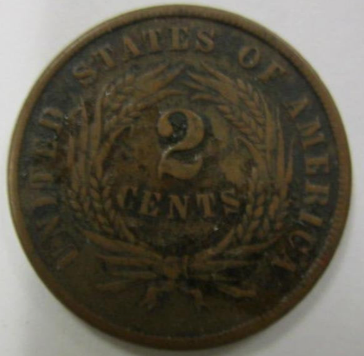 Pièce de deux cents de 1867 sans marque d'atelier, ayant circulé pendant la guerre de Sécession. Bon état.