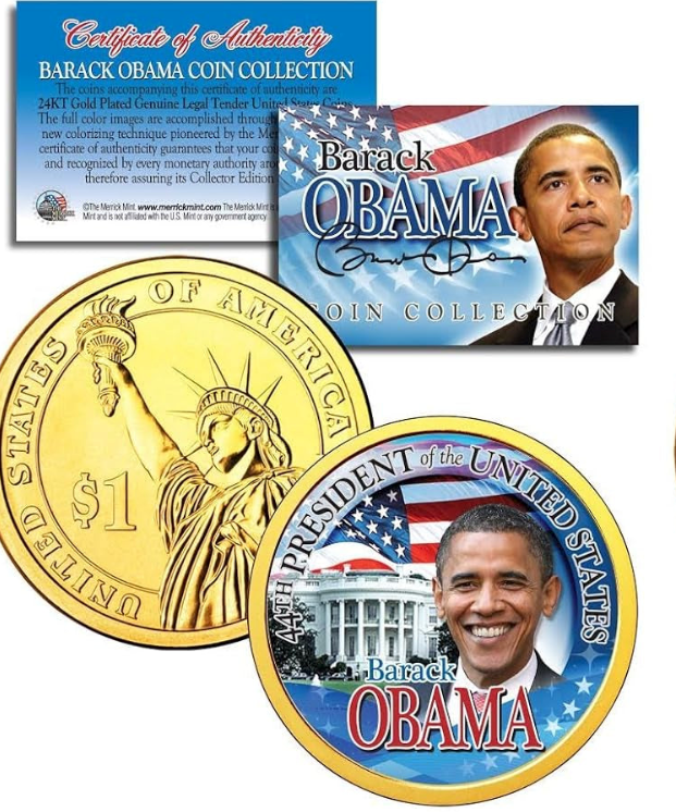 Pièces de 1 dollar colorisées de la Monnaie américaine, à l'effigie de Trump et Obama, commémorant la présidence + 3e pièce offerte