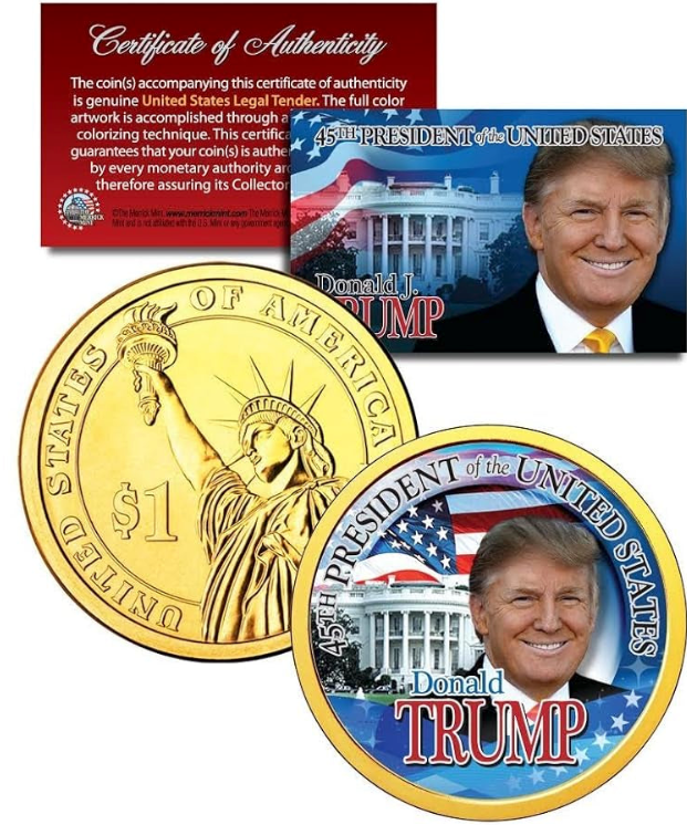 Pièces de 1 dollar colorisées de la Monnaie américaine, à l'effigie de Trump et Obama, commémorant la présidence + 3e pièce offerte