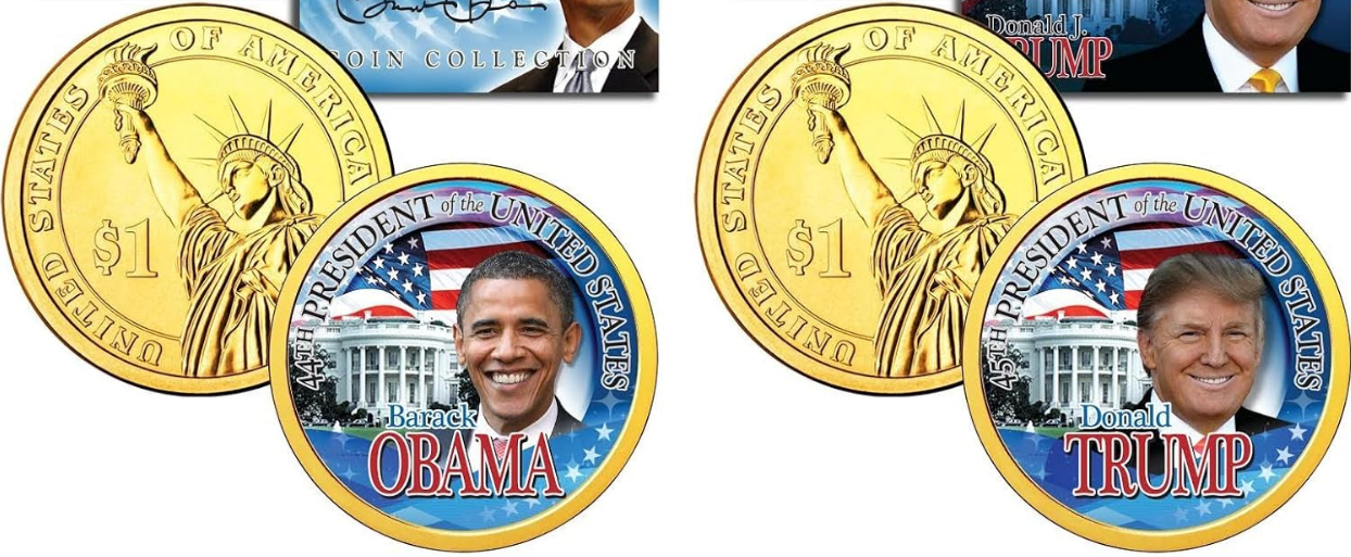 Pièces de 1 dollar colorisées de la Monnaie américaine, à l'effigie de Trump et Obama, commémorant la présidence + 3e pièce offerte