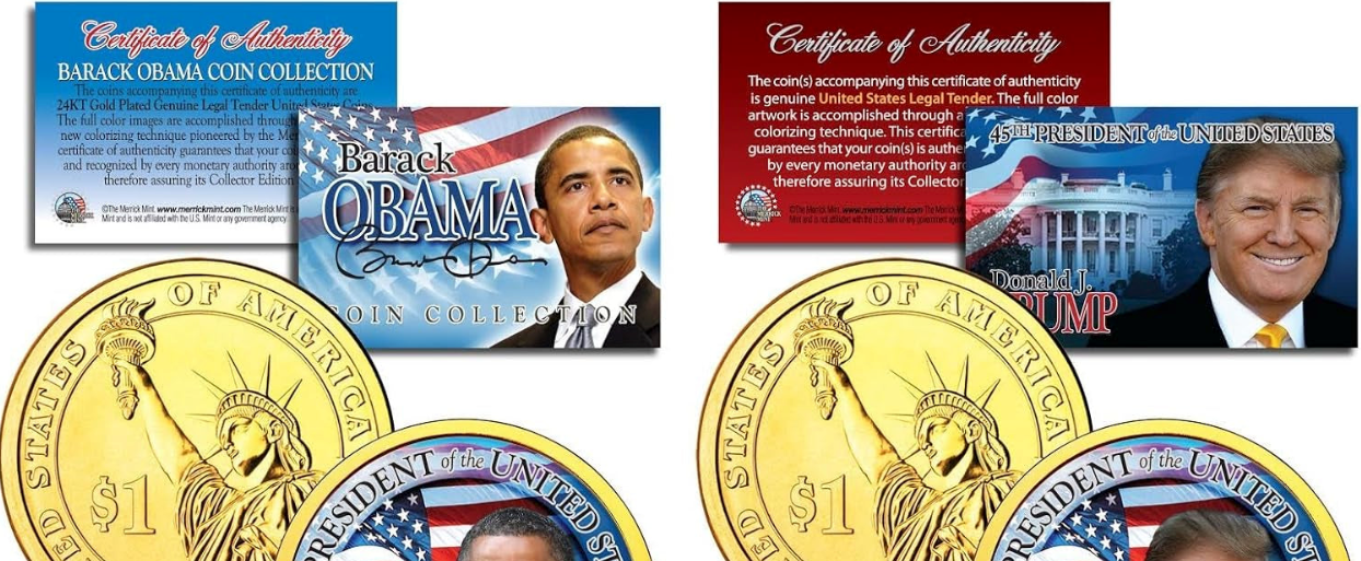 Pièces de 1 dollar colorisées de la Monnaie américaine, à l'effigie de Trump et Obama, commémorant la présidence + 3e pièce offerte