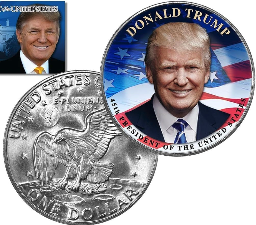 Pièce de 1 dollar officielle et authentique à l'effigie d'IKEA Eisenhower, présentée par Donald Trump, avec boîte et certificat d'authenticité.