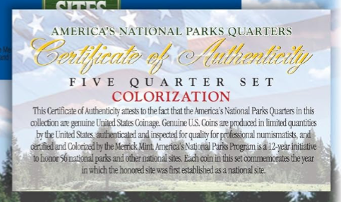 Série de 5 pièces de 25 cents « America the Beautiful » colorisées des parcs américains de 2017