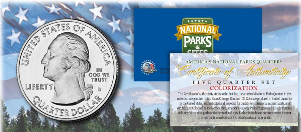 Juego de 5 monedas de 25 centavos coloreadas de América la Hermosa de 2015 con cápsulas de los Parques de EE. UU.