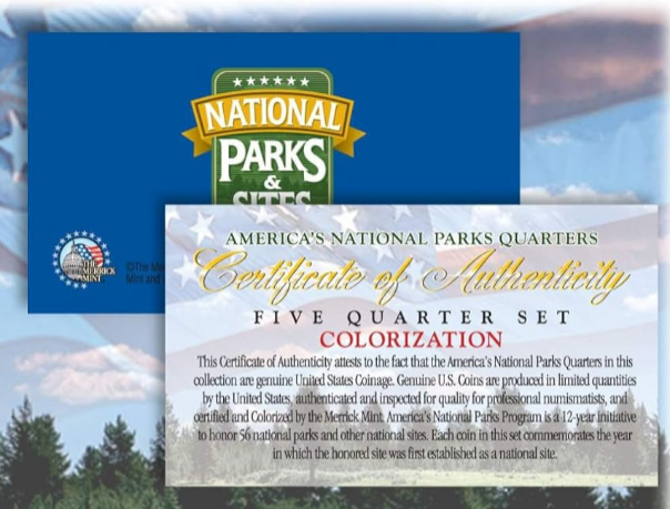 Juego de 5 monedas de 25 centavos coloreadas de América la Hermosa de 2015 con cápsulas de los Parques de EE. UU.