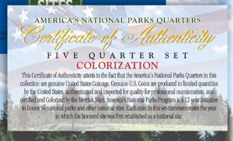 Juego de 5 monedas de 25 centavos coloreadas de América la Hermosa de 2015 con cápsulas de los Parques de EE. UU.