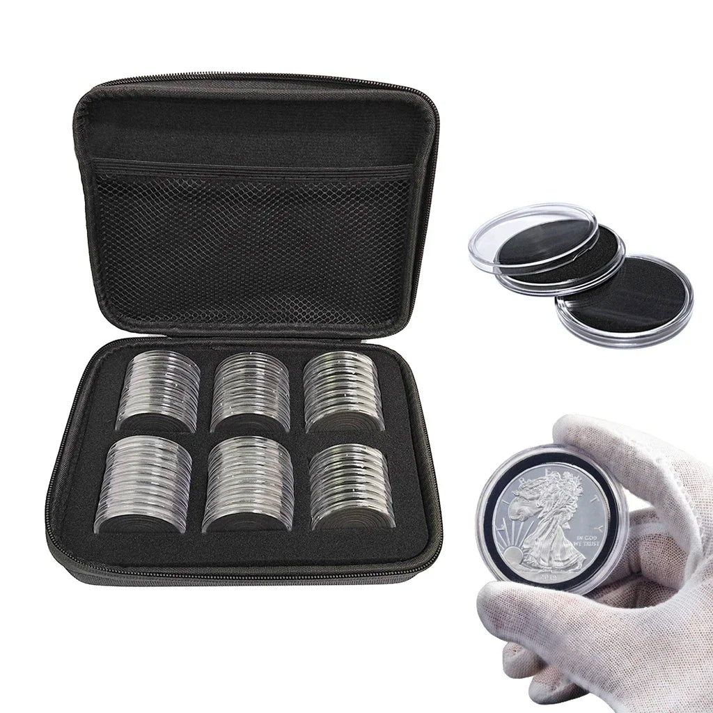 48 PCS Clear Coin Capsules with Gasket + Organizer Pouch — 16‑46 mm