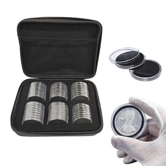 48 PCS Clear Coin Capsules with Gasket + Organizer Pouch — 16‑46 mm
