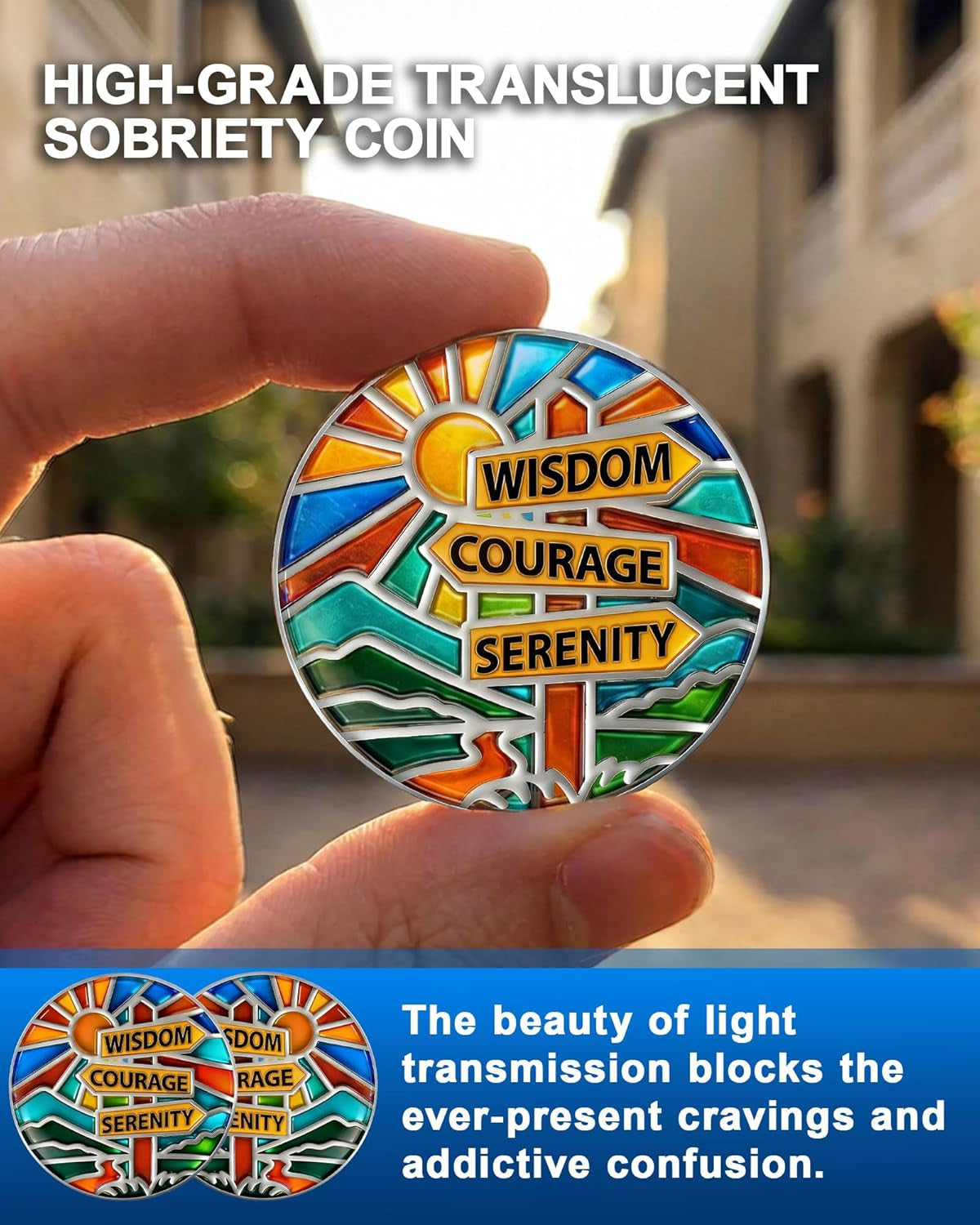 Stained Glass Sobriety Coin | Sober Signpost AA Medallion - Celebrating Alcohol-Free Living and Addiction Recovery - Non Religious Sobriety Gift for Men and Women