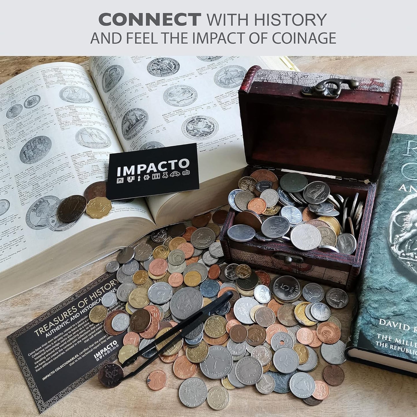 IMPACTO COLECCIONABLES Coin Collection - World Currency Treasure Chest with 2Lb. - Collectible Circulated Coins - 4.7 X 3.5 X 3.5 Decorative Wooden Box - Antique Coins for Collectors (COA Included)