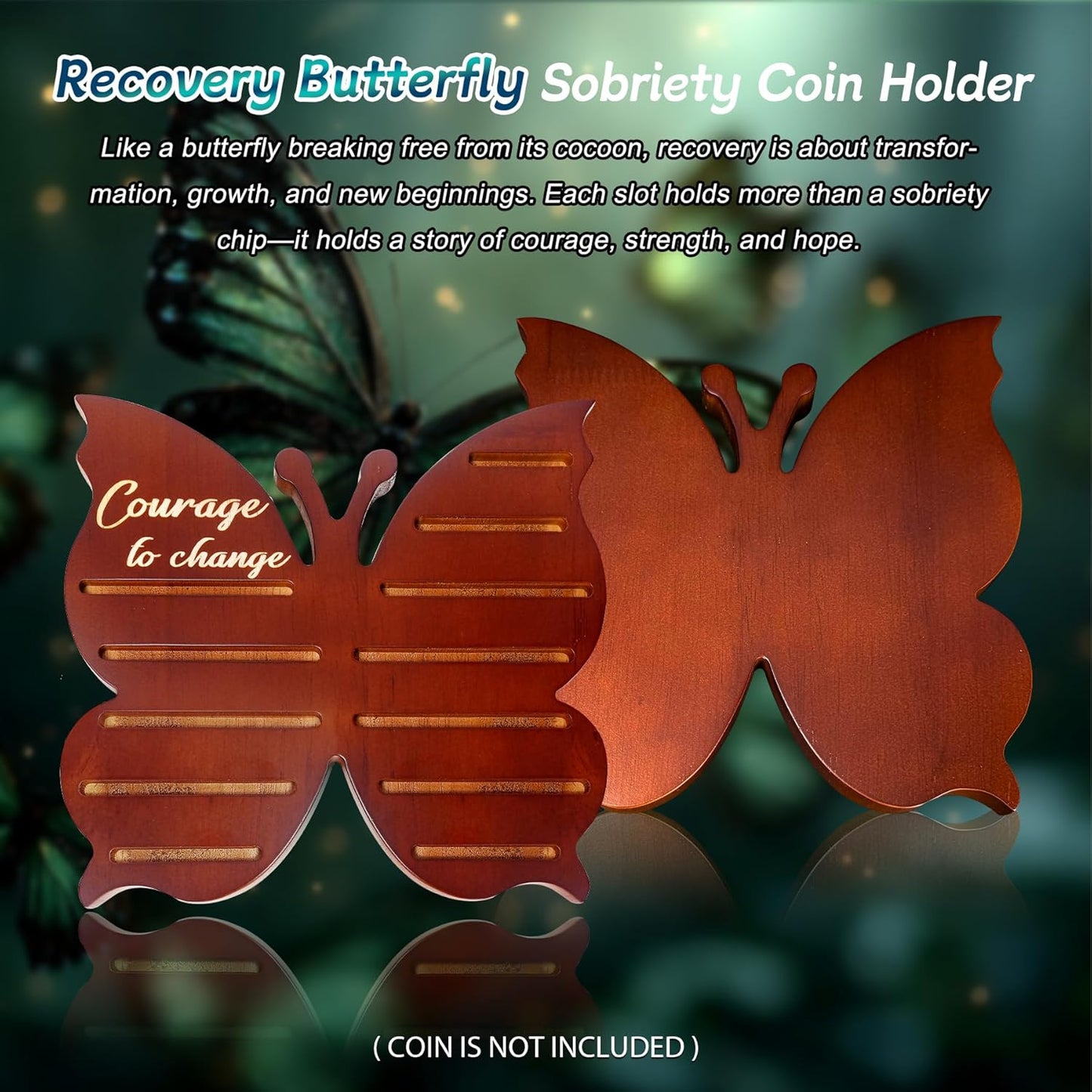 Recovery Butterfly Sobriety Coin Holder - Courage to Change AA Coin Display Case - Brown Solid Wood AA Chips and Medallions Rack Stand - 7 Row 20 Token Celebrate Milestone Alcoholics Anonymous Gifts