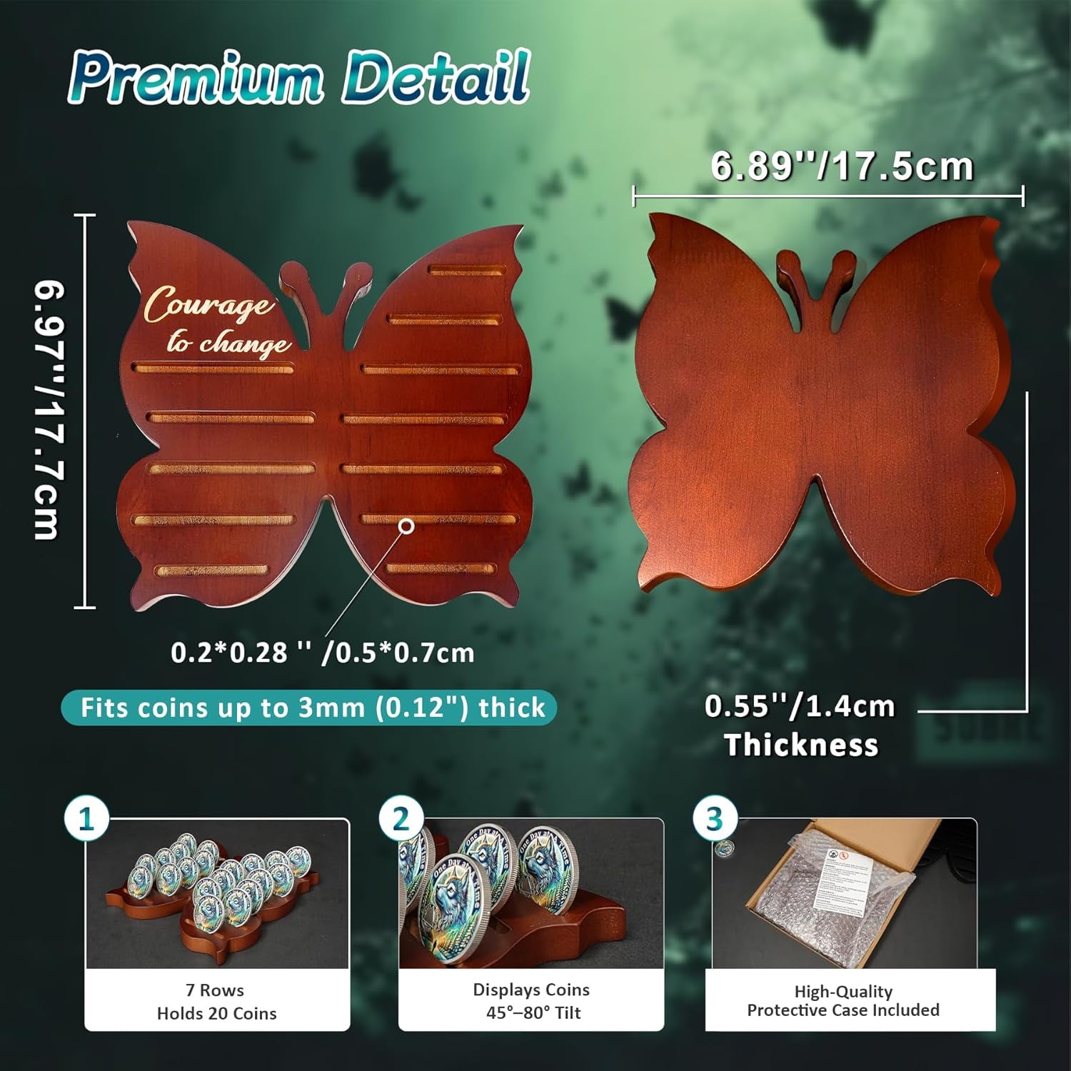 Recovery Butterfly Sobriety Coin Holder - Courage to Change AA Coin Display Case - Brown Solid Wood AA Chips and Medallions Rack Stand - 7 Row 20 Token Celebrate Milestone Alcoholics Anonymous Gifts