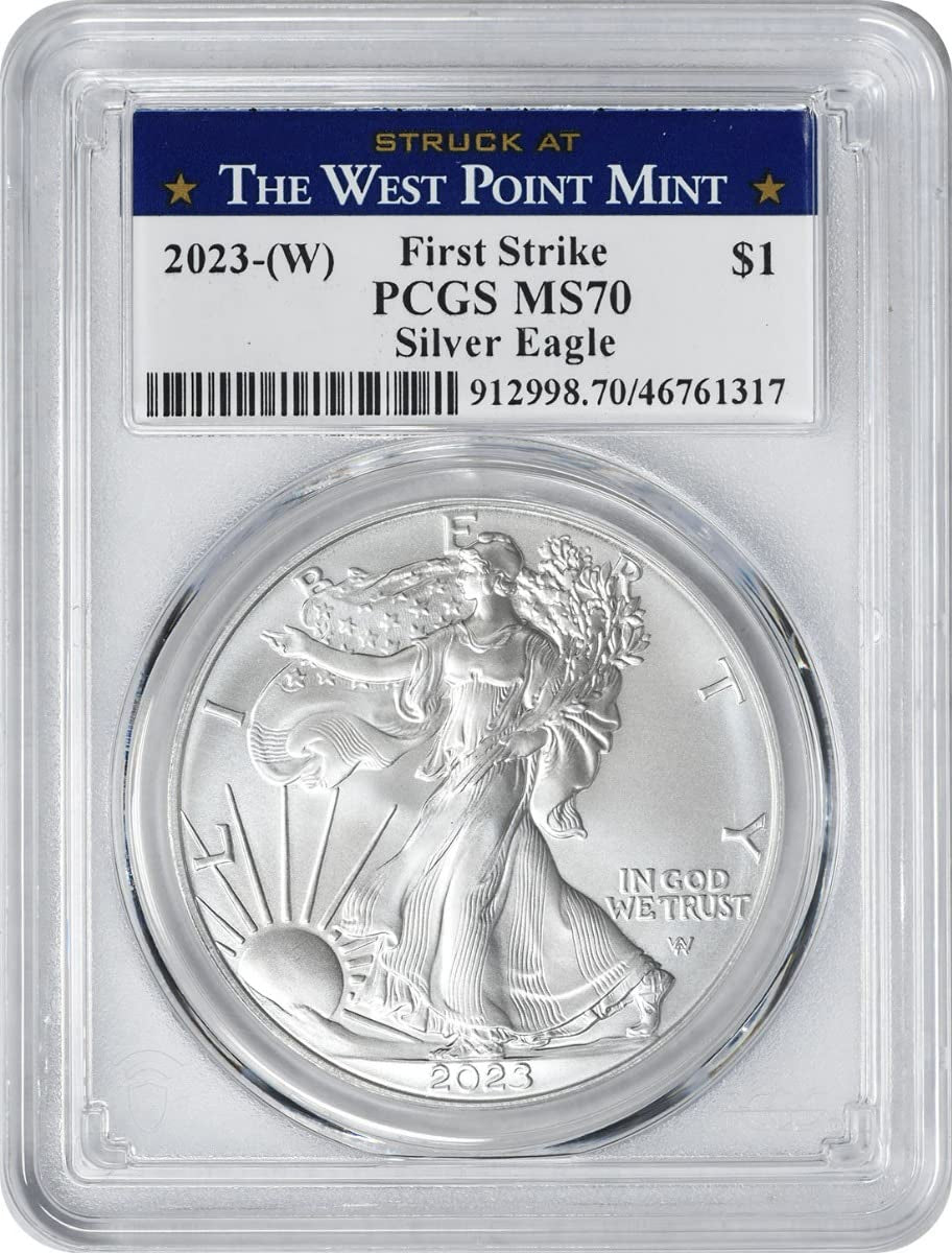 2023 W $1 American Silver Eagle Dollar, First Strike, Struck at West Point Label, No Mint Mark PCGS MS70