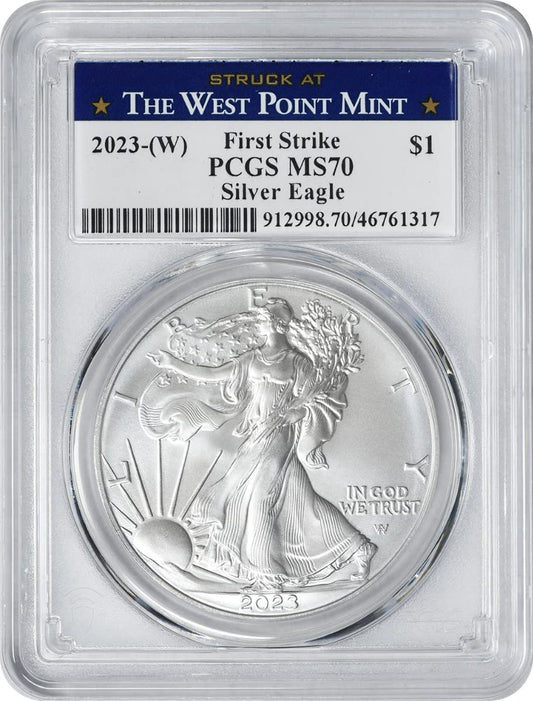 2023 W $1 American Silver Eagle Dollar, First Strike, Struck at West Point Label, No Mint Mark PCGS MS70