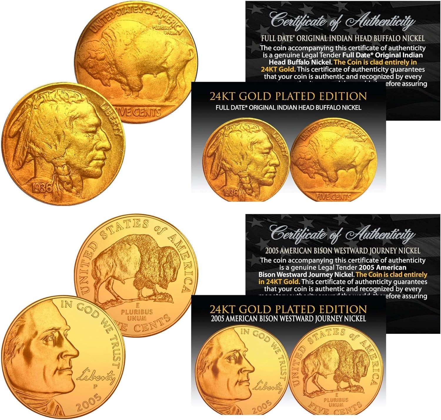 Then & Now Buffalo 5-Cent 24K Gold Plated 2-Coin Set - 1930S & 2005 Nickels BOGO