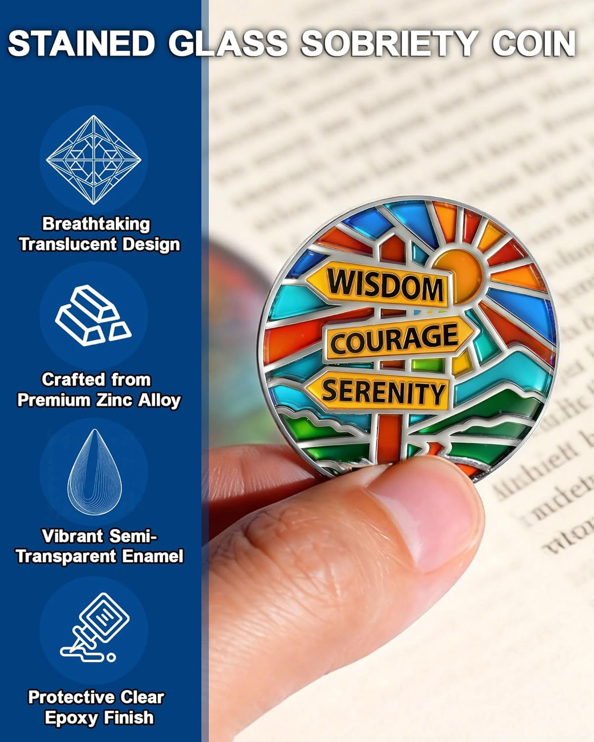 Stained Glass Sobriety Coin | Sober Signpost AA Medallion - Celebrating Alcohol-Free Living and Addiction Recovery - Non Religious Sobriety Gift for Men and Women