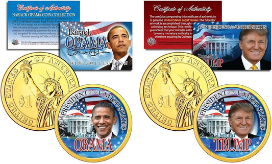 Trump & Obama U.S Mint Colorized PRESDIENTIAL $1 Dollar Coins + 3Rd Coin Free