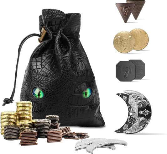 145PCS Metal DND Coins & Leather Bag, Contains 60 Gold Coins, 40 Sliver Coins, 40 Copper Coins and 5 Platinum Coins, Tokens with Glow in the Night Eyes Bag for RPG Tablelap Games