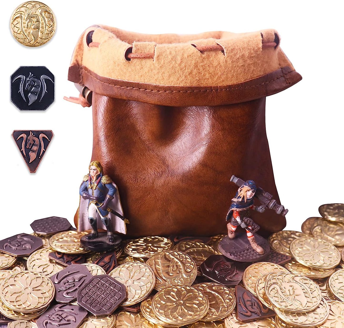 145PCS Metal DND Coins & Leather Bag, Contains 60 Gold Coins, 40 Sliver Coins, 40 Copper Coins and 5 Platinum Coins, Tokens with Glow in the Night Eyes Bag for RPG Tablelap Games