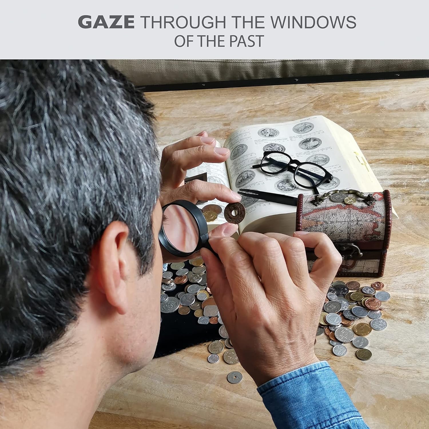 IMPACTO COLECCIONABLES Coin Collection - World Currency Treasure Chest with 2Lb. - Collectible Circulated Coins - 4.7 X 3.5 X 3.5 Decorative Wooden Box - Antique Coins for Collectors (COA Included)