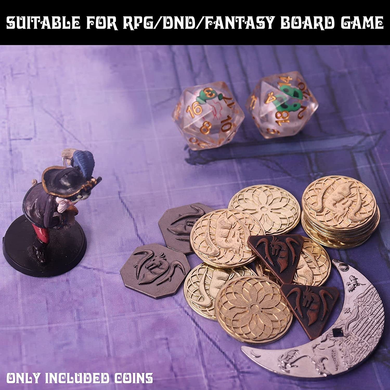 145PCS Metal DND Coins & Leather Bag, Contains 60 Gold Coins, 40 Sliver Coins, 40 Copper Coins and 5 Platinum Coins, Tokens with Glow in the Night Eyes Bag for RPG Tablelap Games