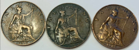 Rare British Elegance: Exquisite 2x1912 & 1x1914 Farthing Trio - A Collector's Dream ( 3 coins )