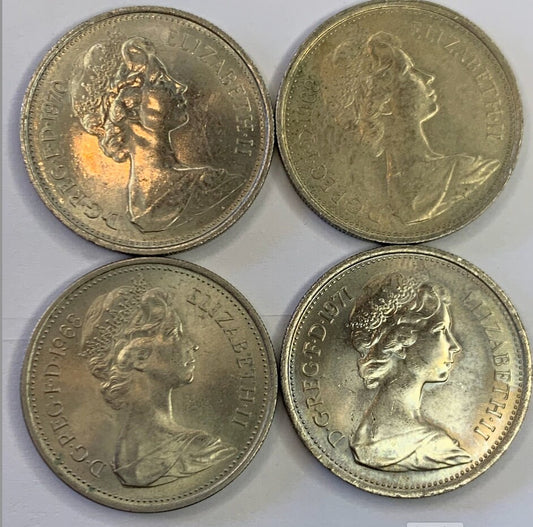 Vintage Charm: 1968-1971 British 5 Pence Coins" ( 4 Peaces )